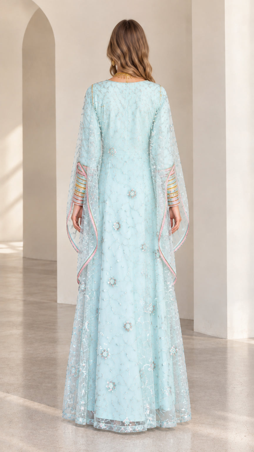 Back view of light blue floor-length kaftan dress