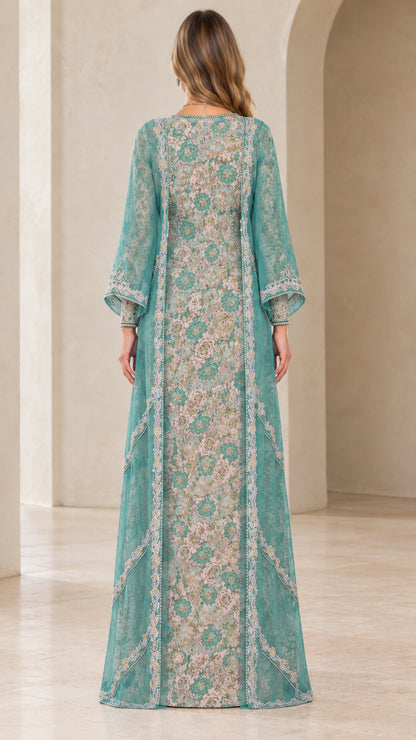 Teal floral embroidered layered kaftan dress back view