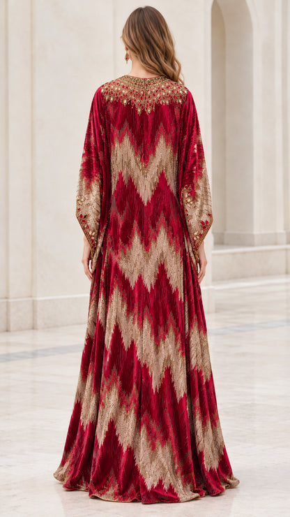 Back view of Burgundy velvet maxi kaftan showing chevron pattern drape