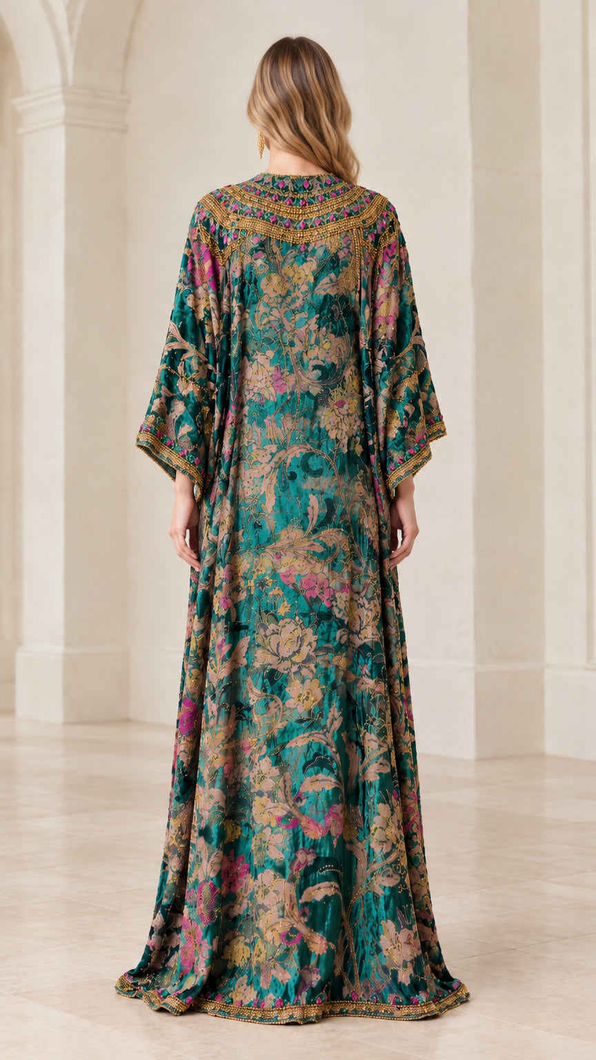Back full-length view of the Emerald Green floral velvet kaftan dress with beaded collar details