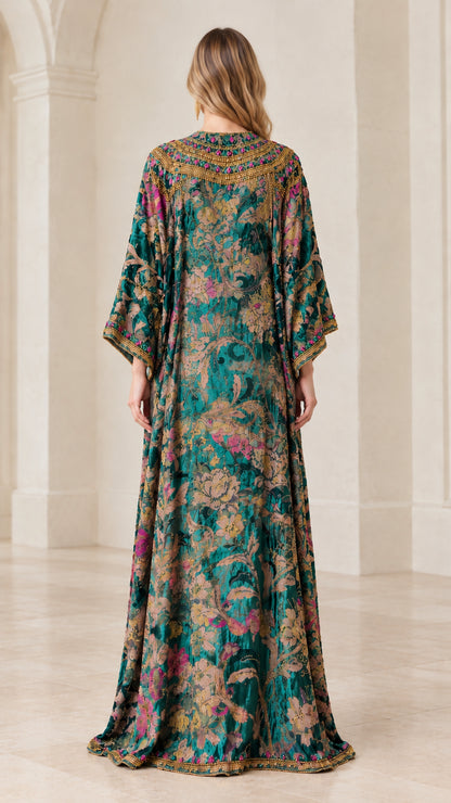 Back full-length view of the Emerald Green floral velvet kaftan dress with beaded collar details