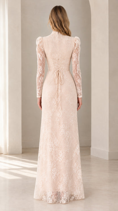 Back view of Champagne floral lace gown featuring adjustable corset lace-up detail