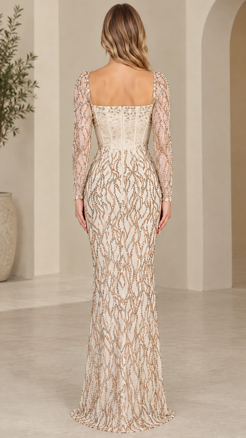 Back view of champagne sequin gown showing zipper and square neckline