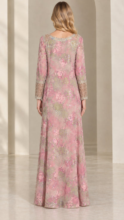 Back view of model wearing Blush Pink floral printed maxi kaftan