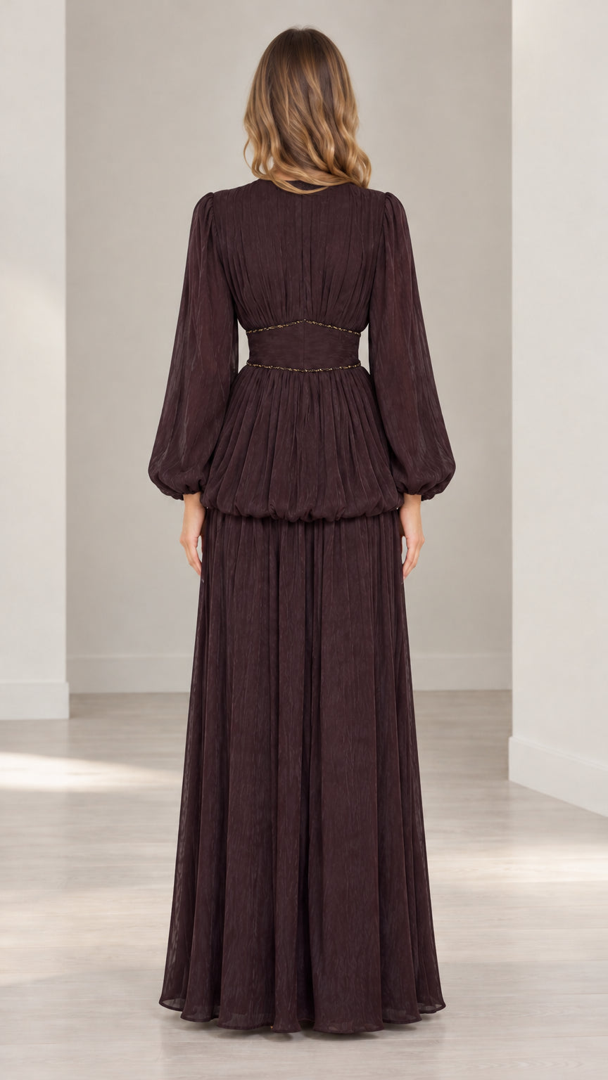 Back view of burgundy V-neck pleated maxi dress with cinched waist