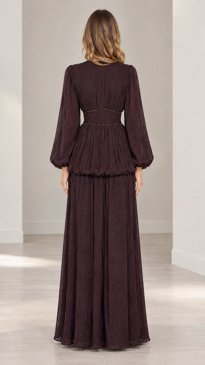 Back view of burgundy V-neck pleated maxi dress with cinched waist