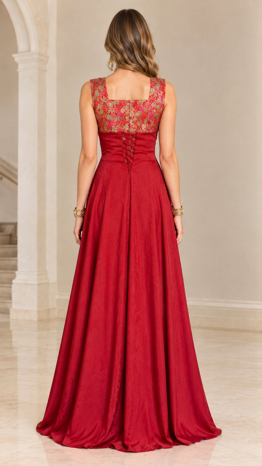 Back view of model showing lace-up back detail on red maxi gown