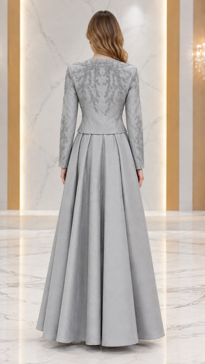 Back view of Silver Grey beaded formal jacket and full-length skirt