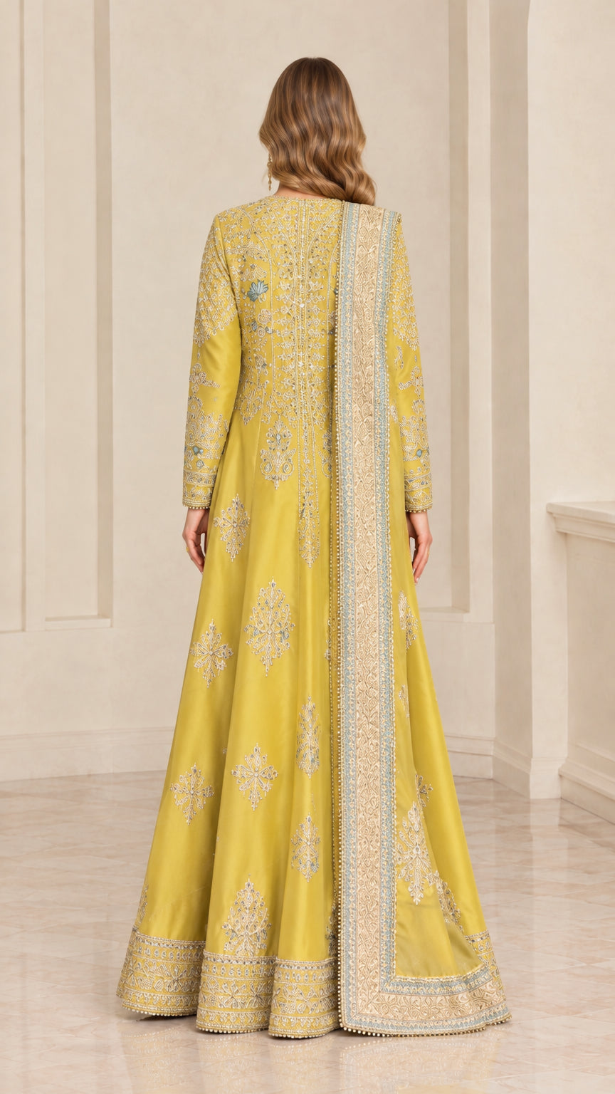 Back full-length view of woman showing Mustard Gold embroidered ensemble and dupatta