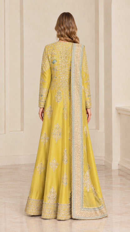 Back full-length view of woman showing Mustard Gold embroidered ensemble and dupatta