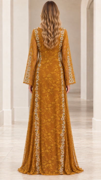 Back view of Mustard Gold lace maxi dress showing seamless lace pattern and floor length