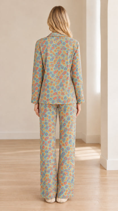 Back view of model wearing dusty blue floral matching pajama set
