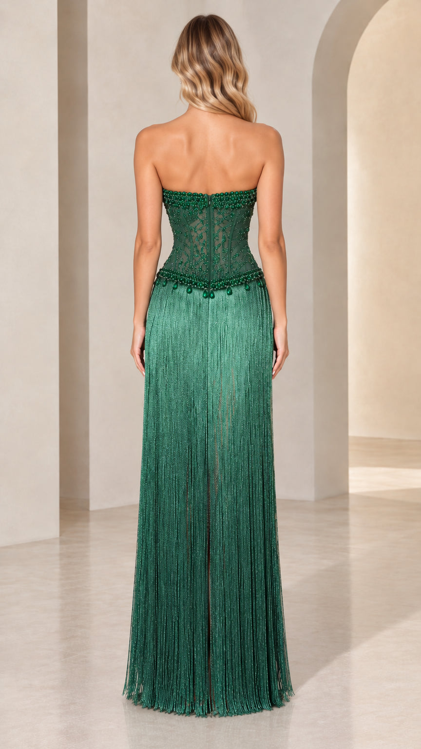 Back view of model in Emerald Green corset fringe formal dress