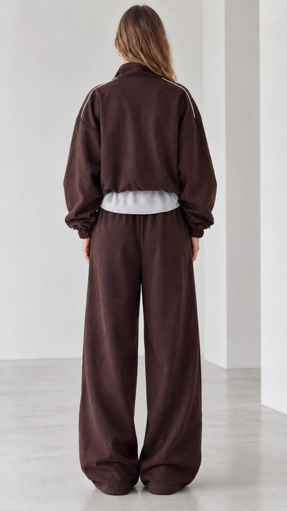 Back view of women's relaxed chocolate brown half-zip sweatshirt and wide-leg sweatpants