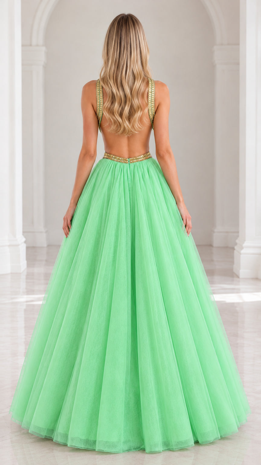 Back view of mint green ball gown highlighting the open back design