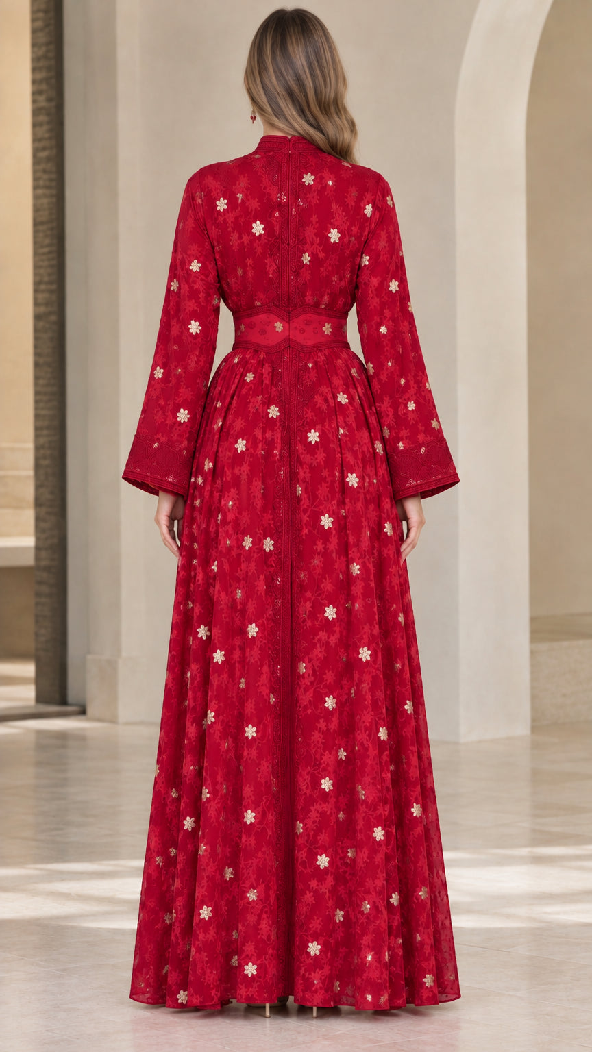 Back view of model in Ruby Red embroidered floor-length dress