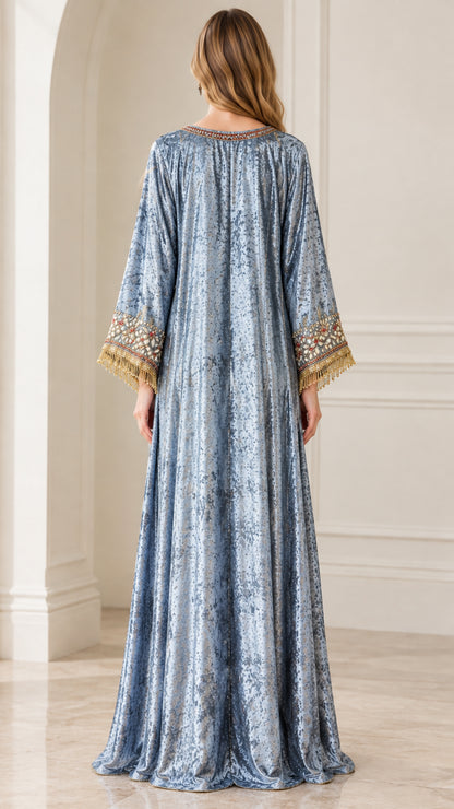 Back view of floor-length dusty blue crushed velvet kaftan dress