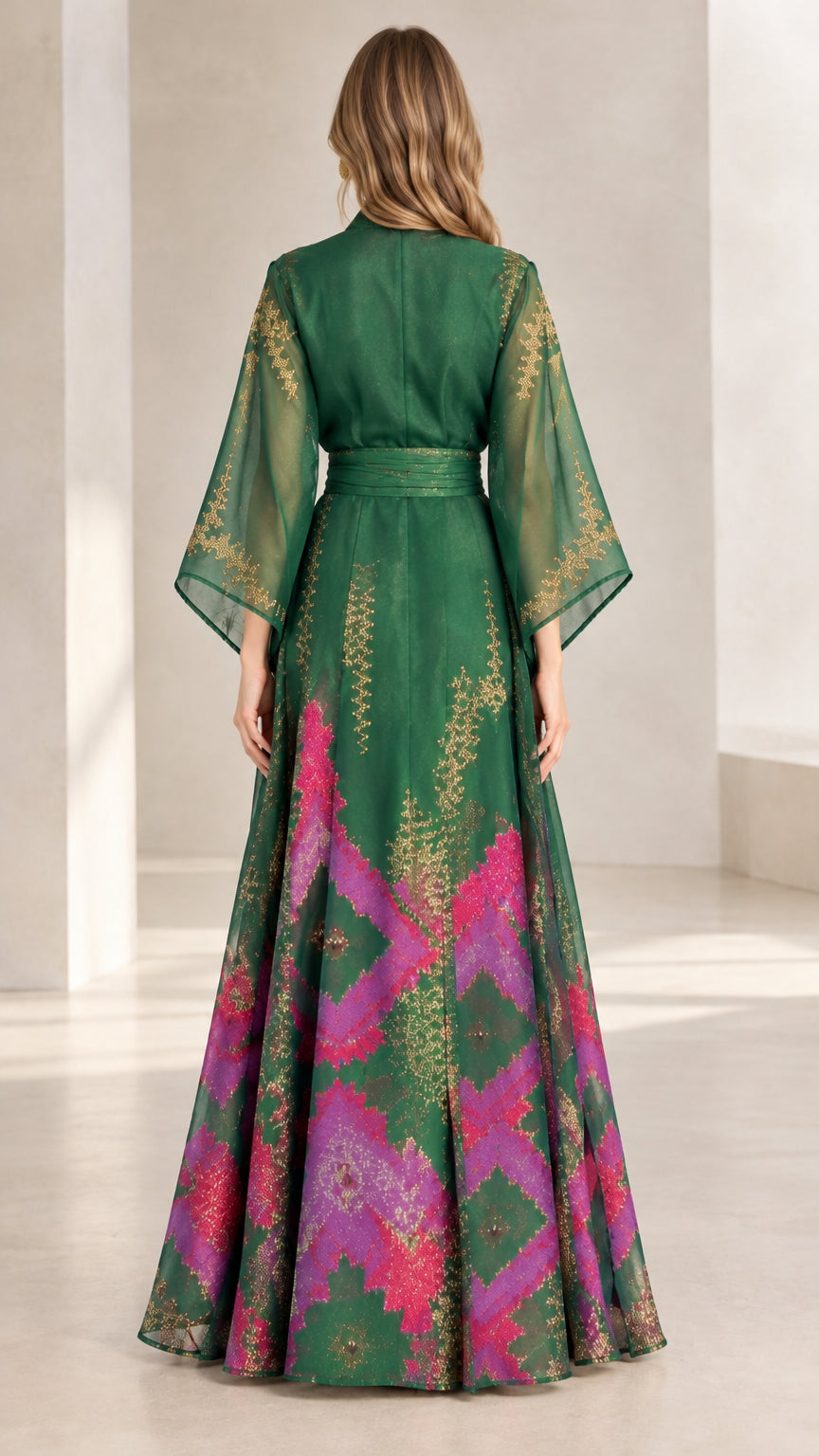 Back view of emerald green flowy A-line kimono maxi dress