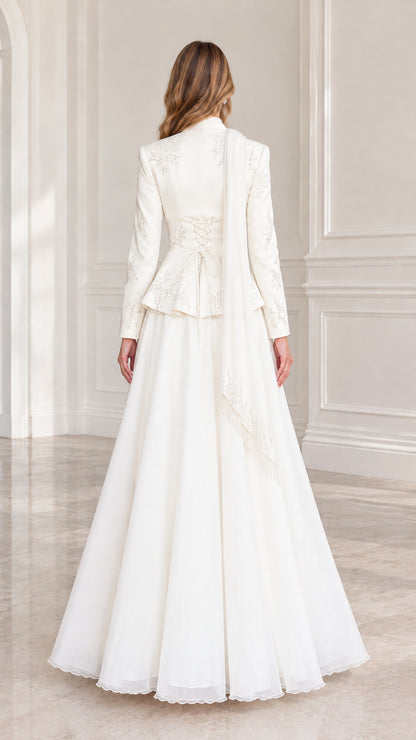 Back view of Ivory formal gown highlighting the lace-up corset back detail