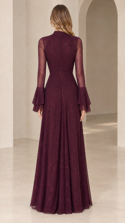 Back view of burgundy floor-length lace gown with high neck closure