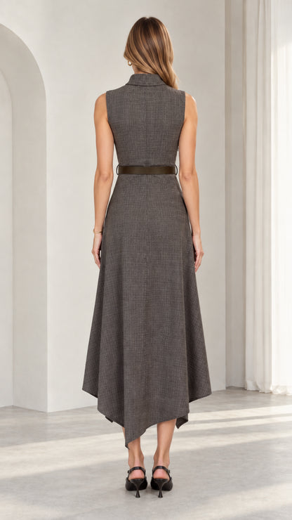 Back view of charcoal grey sleeveless midi dress with high collar