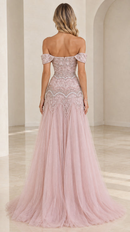 Back view of dusty pink off-shoulder evening gown with tulle skirt