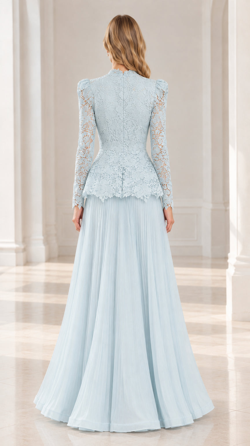 Back full-length view of Ice Blue lace peplum pleated maxi dress