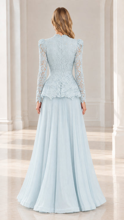 Back full-length view of Ice Blue lace peplum pleated maxi dress