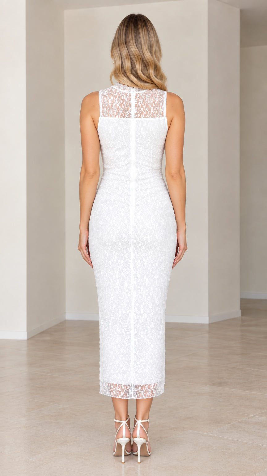 Back view of model in white sleeveless lace midi dress with sheer neck