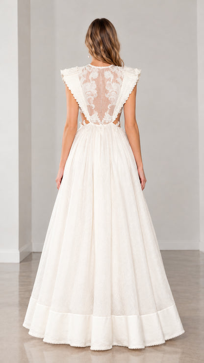 Ivory embroidered sheer illusion back maxi dress full back view
