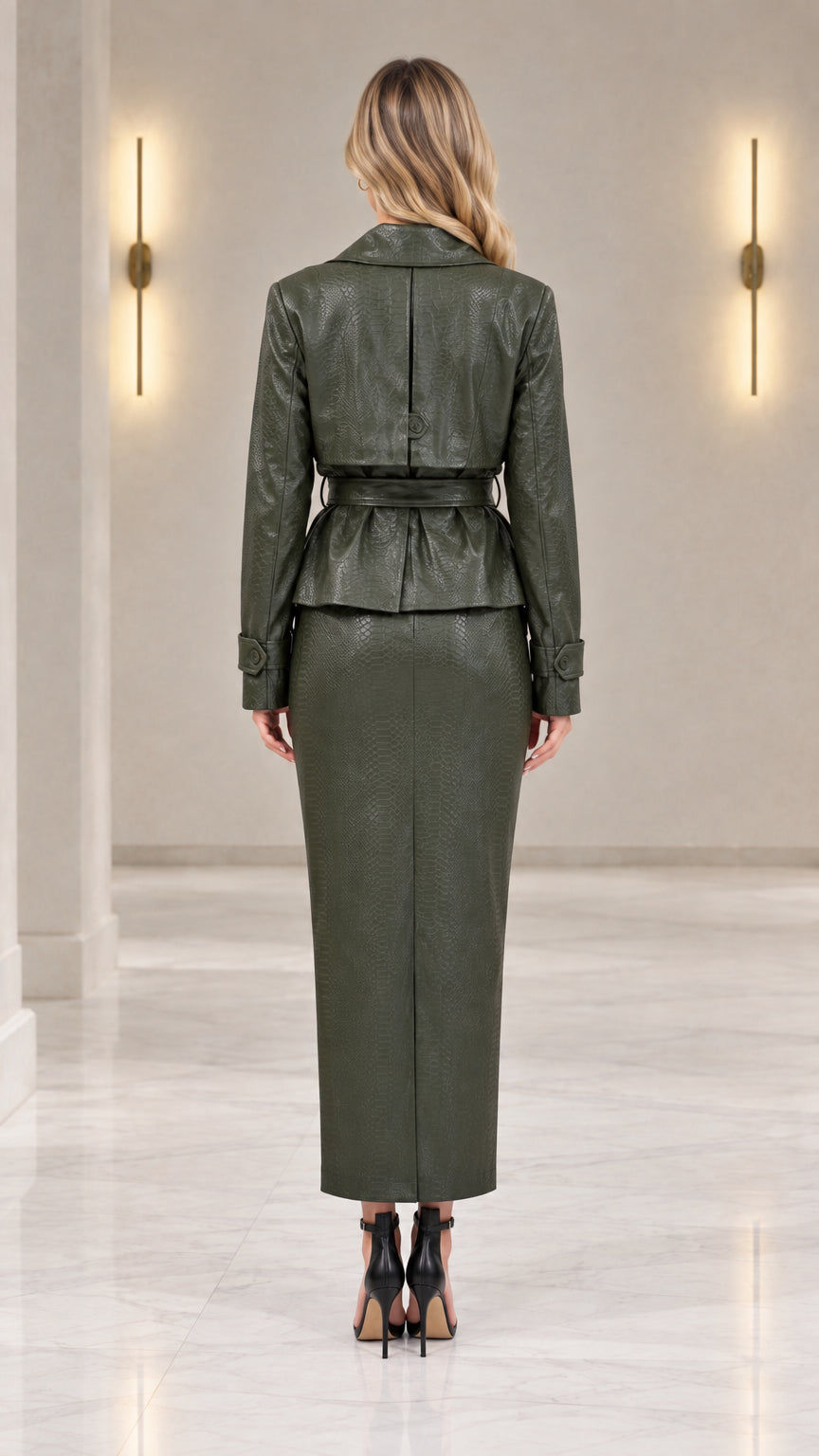Back full-length view of olive green faux leather blazer and tailored long skirt