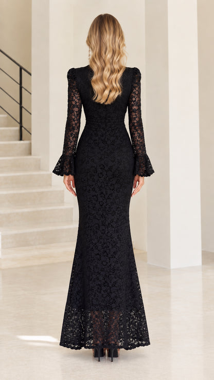 Back view of black floral lace evening maxi dress with long fluted sleeves