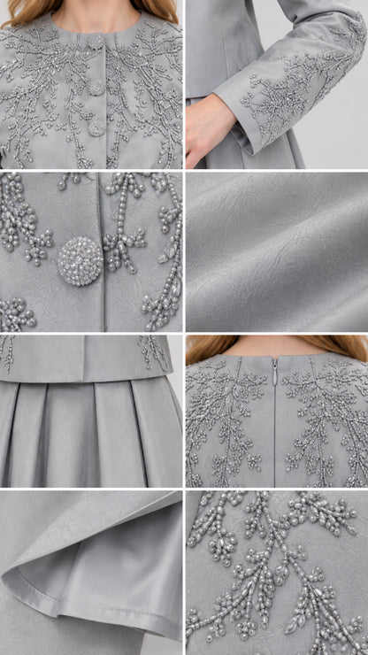 Close-up details of beaded embroidery, buttons, fabric texture, and pleats