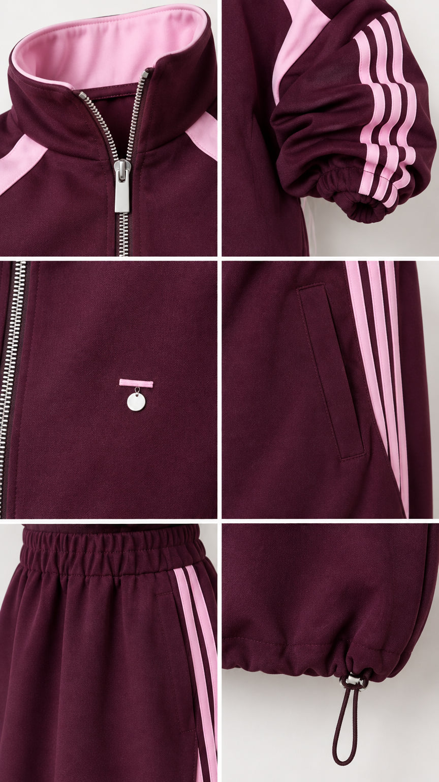 Close-up details of burgundy track jacket zipper, striped sleeve cuff, pocket, and skirt drawstring hem