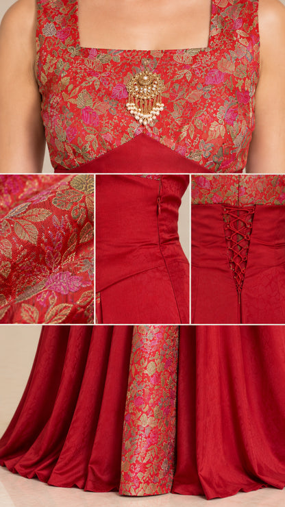 Close-up details of floral brocade bodice, waist seams, and lace-up back