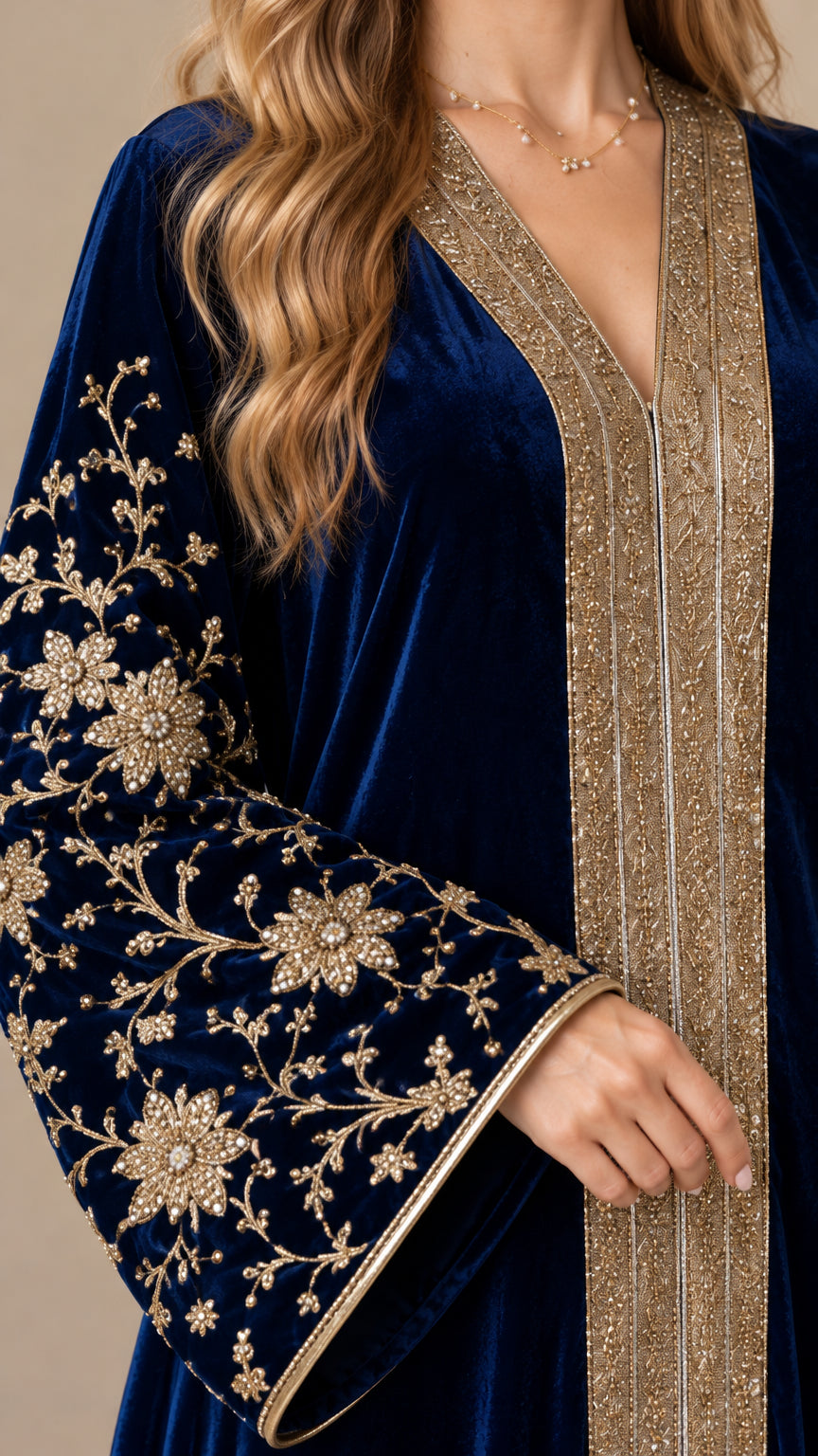 Close-up of gold floral sleeve embroidery and textured neckline trim on navy velvet kaftan