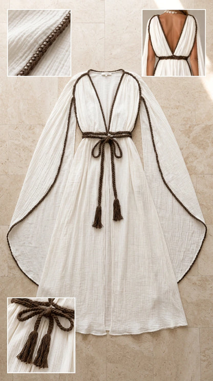 Flat lay and detail shots of white dress with braided trim and tassel rope tie