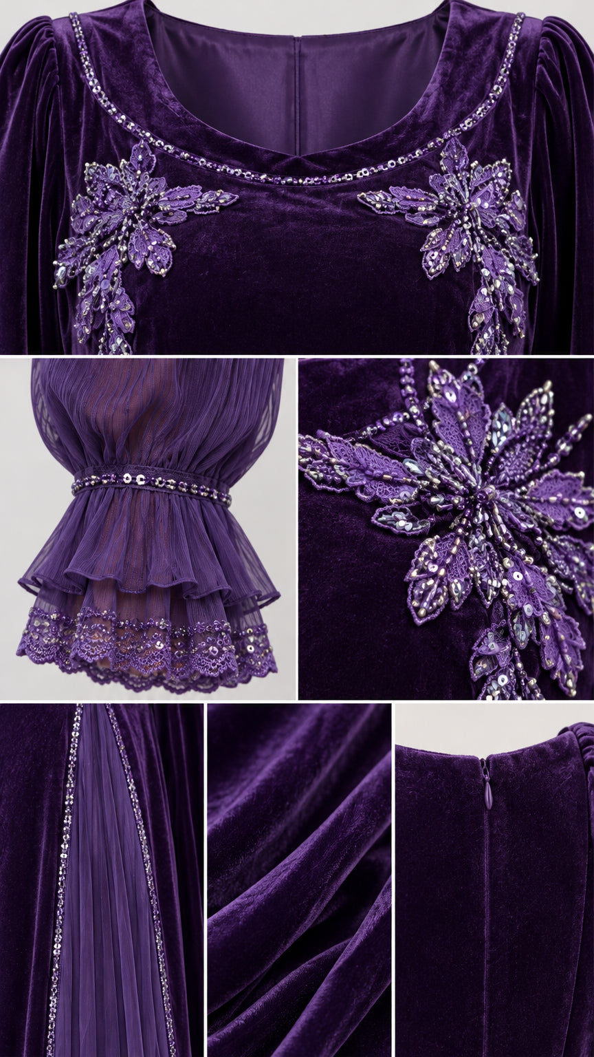 Detailed collage showing embroidery, beaded ruffled cuff, zipper, and velvet fabric