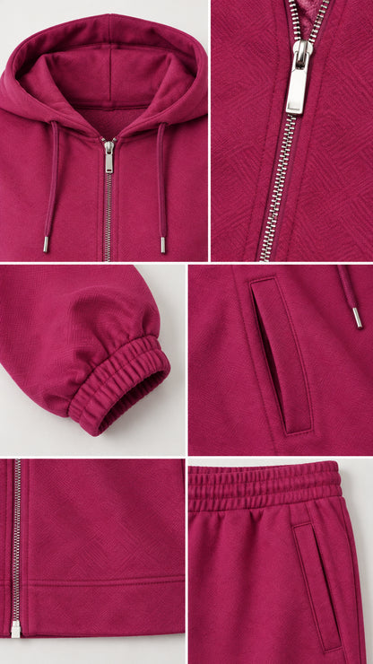 Close-up details of hood, zipper, pocket, and elastic cuffs of berry tracksuit