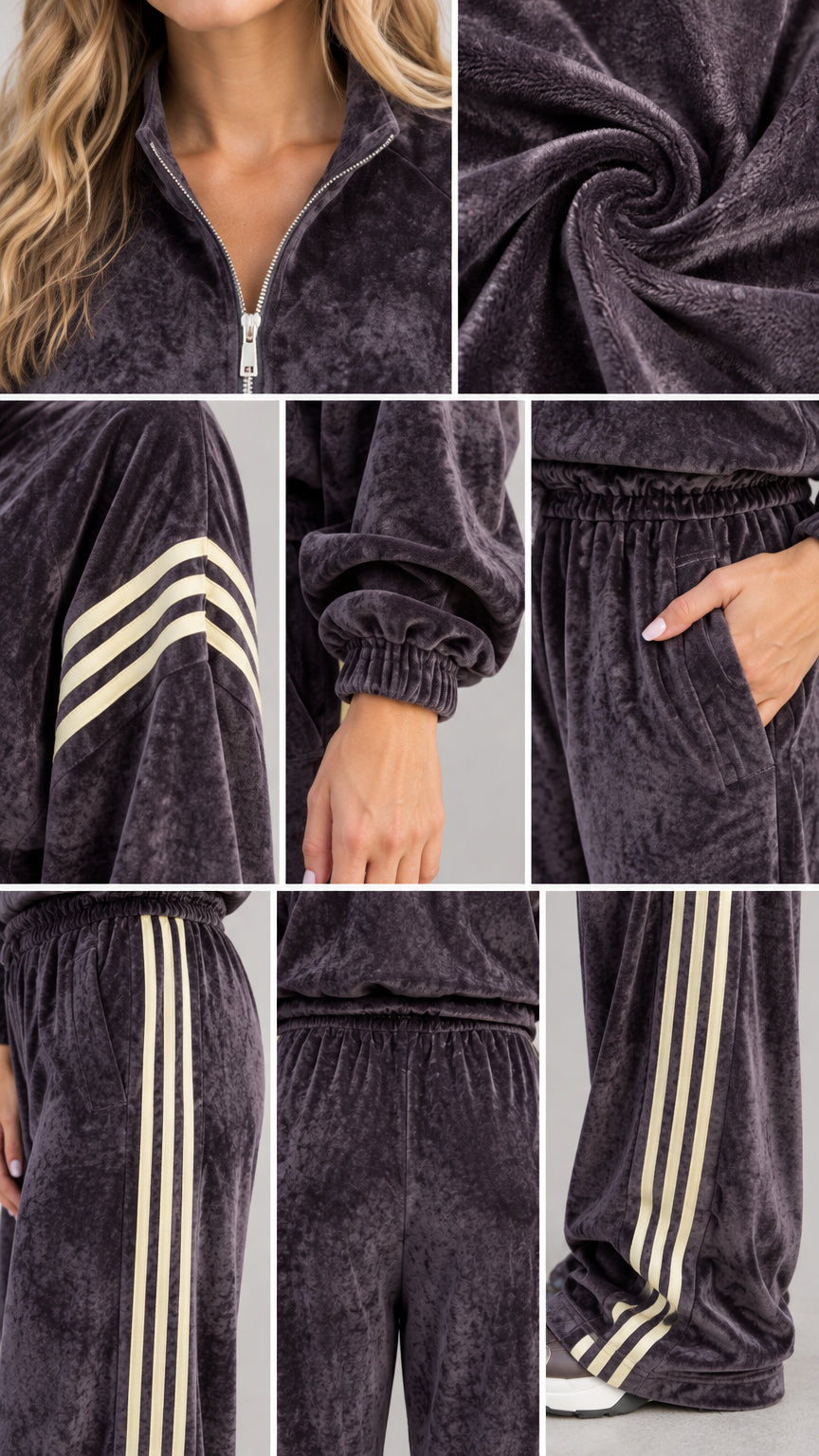 Detailed close-up shots of zipper neckline, crushed velour fabric texture, sleeve stripes, and pocket details