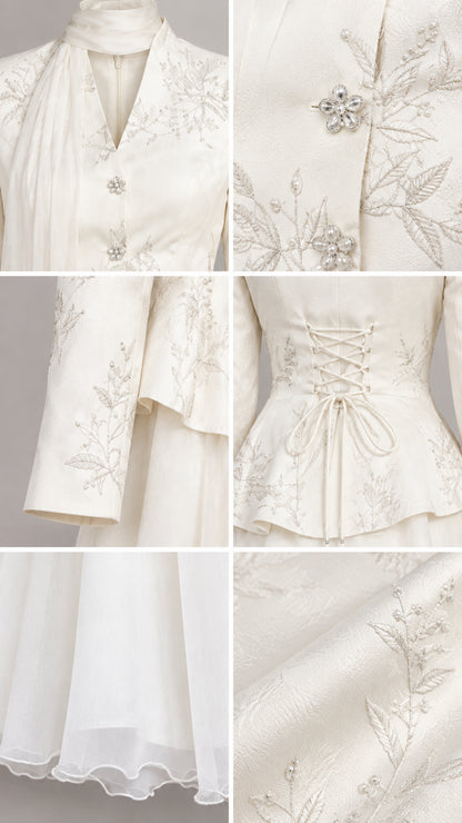 Close-up details of embroidery, rhinestone buttons, and lace-up corset tailoring