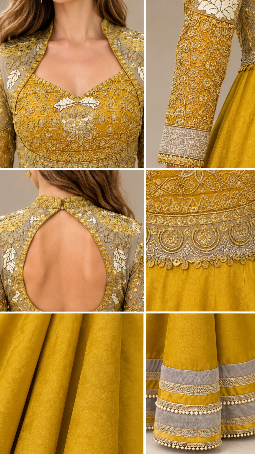 Detailed close-ups of bodice embroidery, sleeve cuff, back keyhole, and hem trim