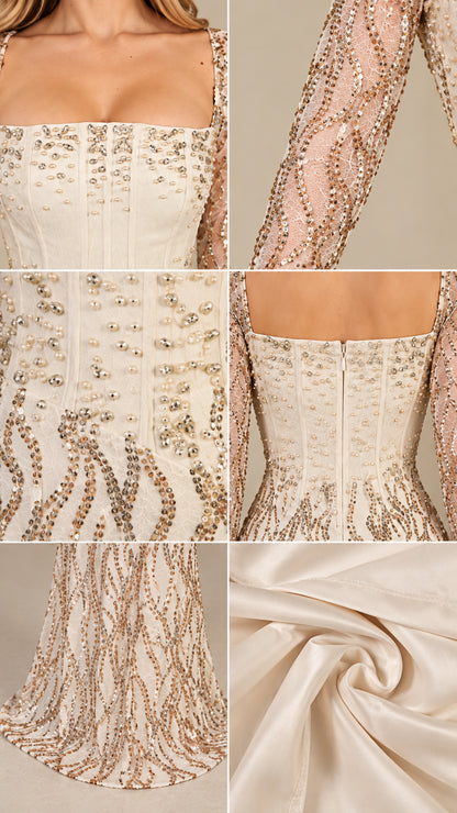 Detail composite of corset boning, sequin sleeves, zipper, and lining