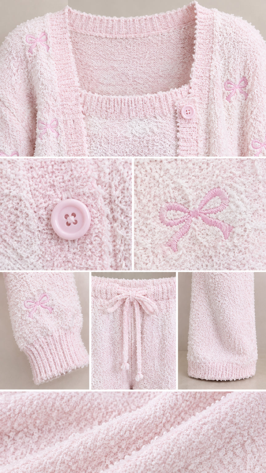 Close-up details of neckline, buttons, embroidered bow motifs, ribbed cuffs, and drawstring waist