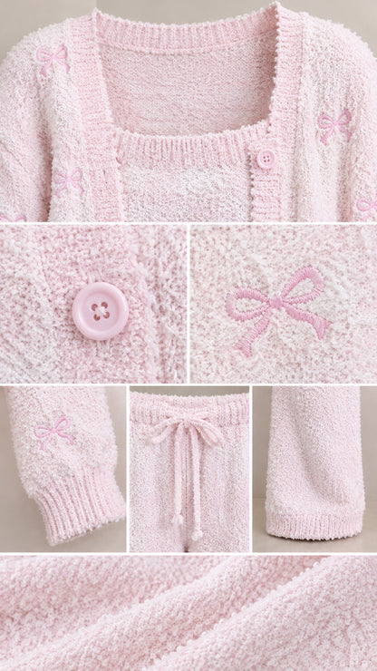 Close-up details of neckline, buttons, embroidered bow motifs, ribbed cuffs, and drawstring waist