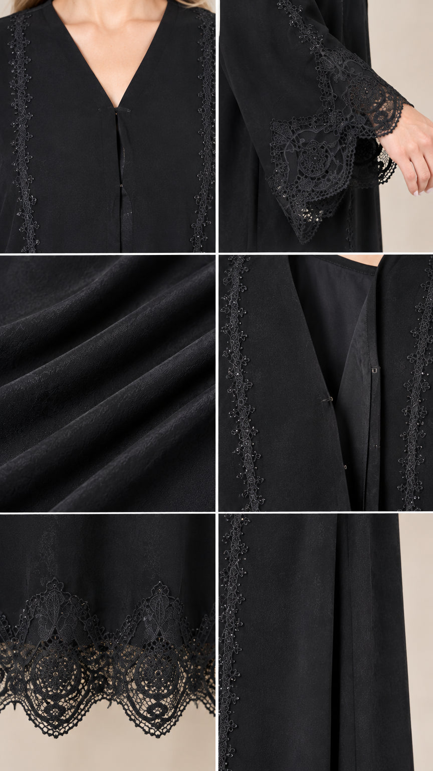 Close-up details of scalloped lace cuffs, neckline, and flowy fabric texture