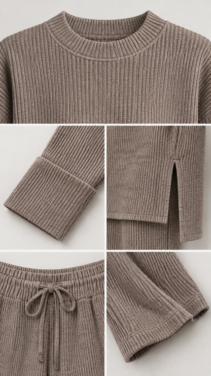 Close-up details of ribbed crewneck, cuff, side split hem, and drawstring waistband