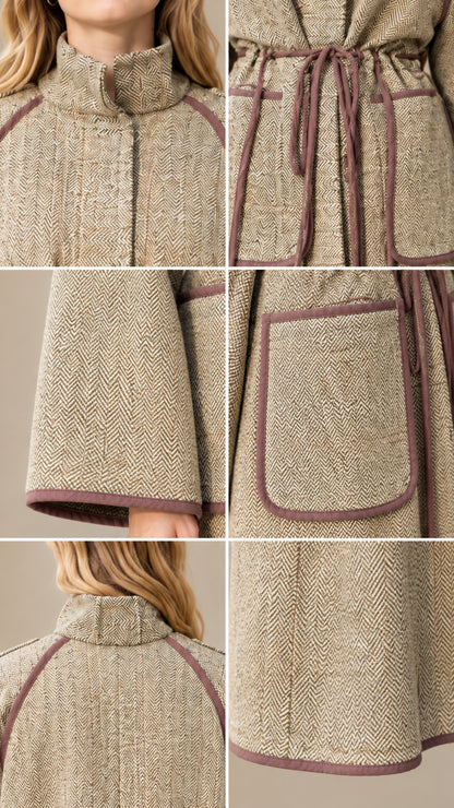 Close-up details of collar piping, drawstring waist, pockets, and herringbone weave