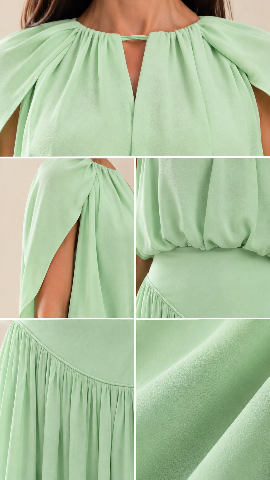 Close-up details of neckline keyhole, slit sleeves, and asymmetrical waist seam on Mint Green dress
