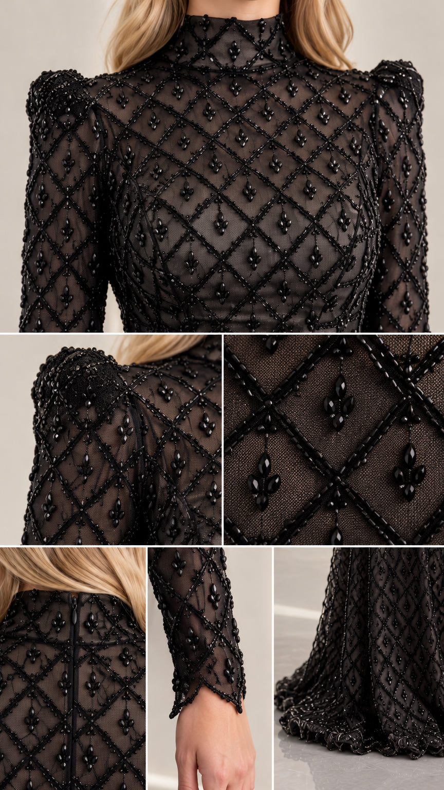 Close-up details of diamond beading, shoulder structure, and sleeve cuff